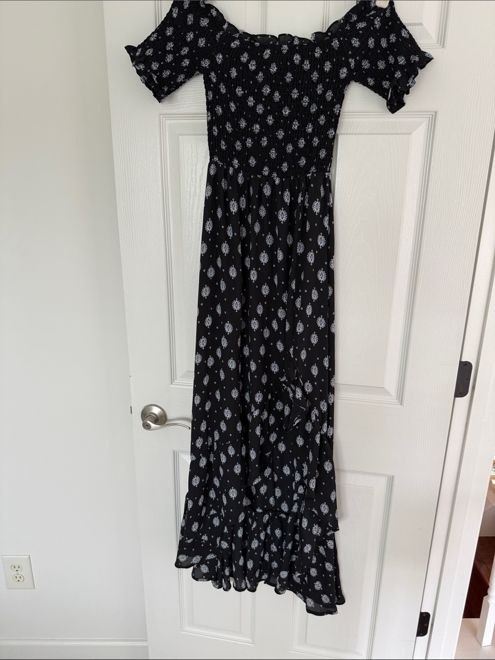Blue Rain Black Off-Shoulder Maxi Dress with White Print